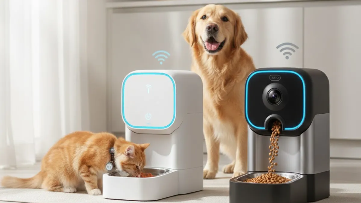 Perro y gato comiendo de dispensadores automáticos con cámara