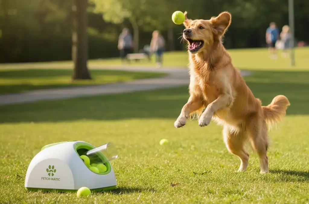 Perro jugando con lanzador automático